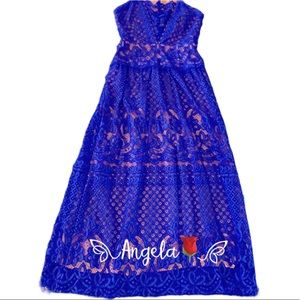 BCBGMAXAZRIA BLUE LACE MAXI DRESS